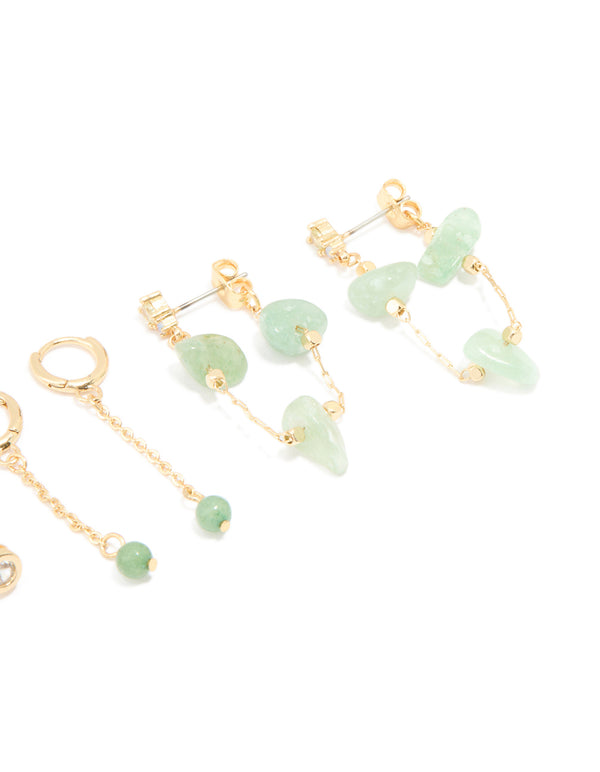 Gold Plated Green Semi Precious Stone Chain Drop & Stud Earrings 4-Pack