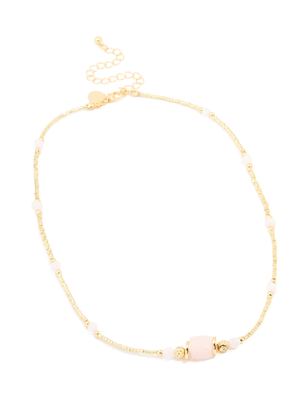 Gold Plated Rose Quartz & Bead Necklace