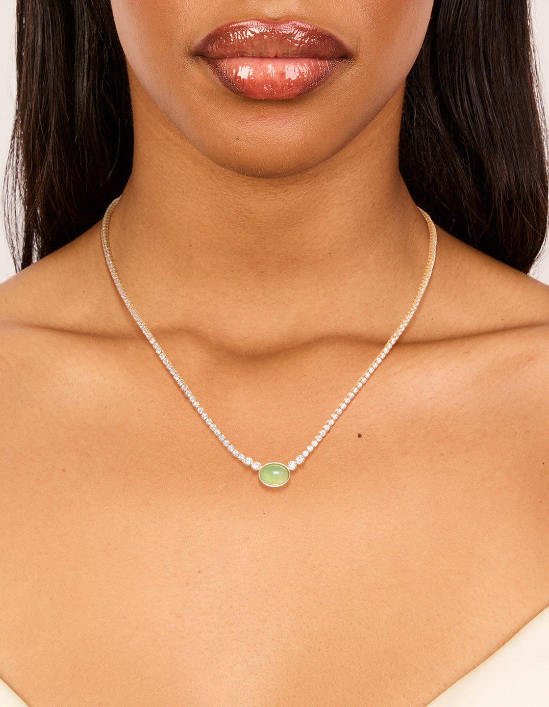 Gold Plated Cubic Zirconia Oval Green Semi Precious Stone Cup Chain Necklace