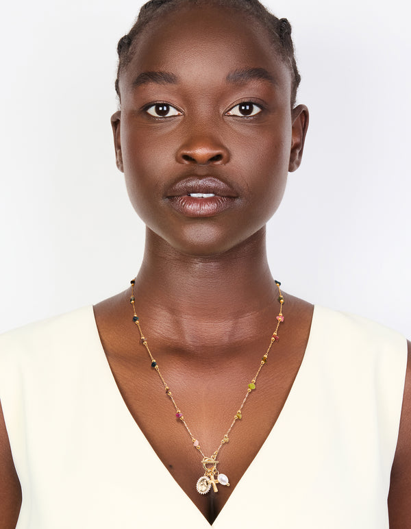 Gold Plated Multicoloured Semi Precious Stone Freshwater Pearl Cross Charm Necklace