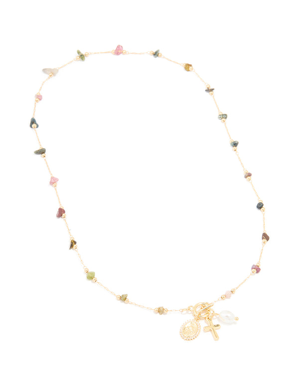 Gold Plated Multicoloured Semi Precious Stone Freshwater Pearl Cross Charm Necklace