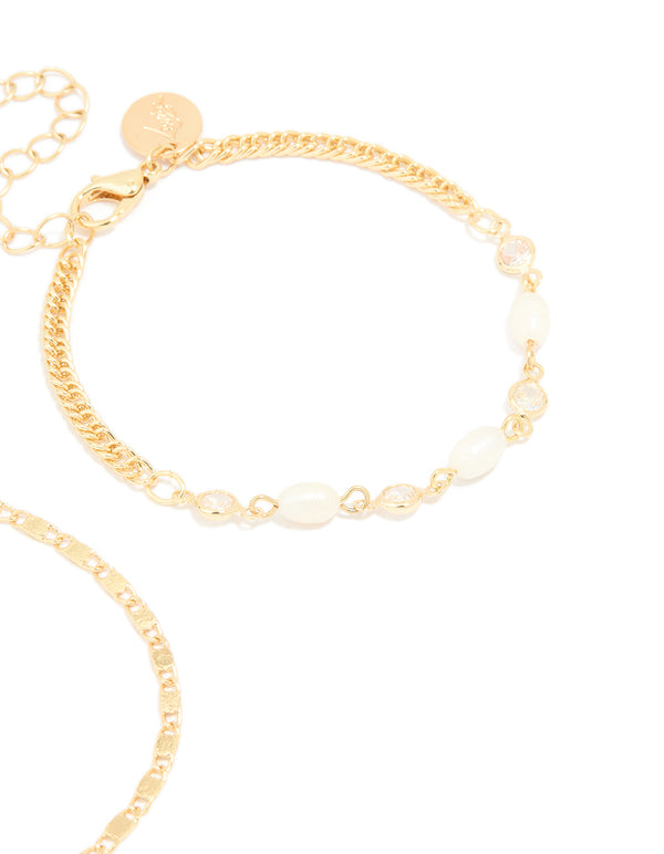 Gold Plated Freshwater Pearl Cubic Zirconia & Chain Bracelets 2-Pack