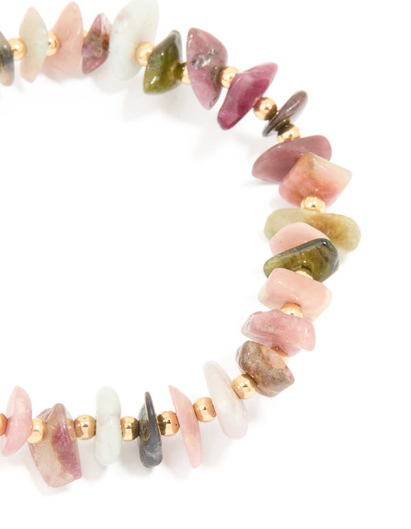 Gold Plated Multicoloured Semi Precious Stone Large Chip Stretch Bracelet