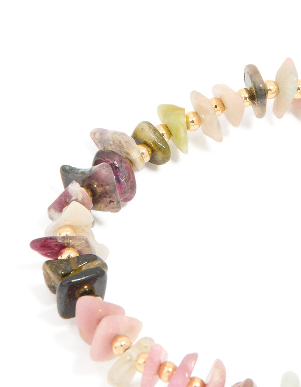 Gold Plated Multicoloured Semi Precious Stone Large Chip Stretch Bracelet