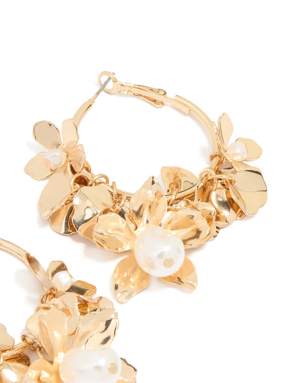 Gold Pearl Flower Cluster Hoop Earrings
