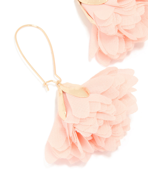 Gold Pink Fabric Flower Drop Earrings