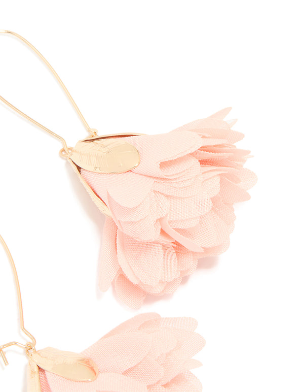 Gold Pink Fabric Flower Drop Earrings