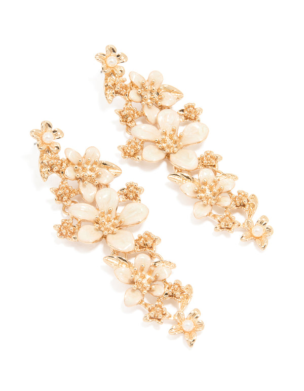 Gold Enamel Flower Drop Earrings