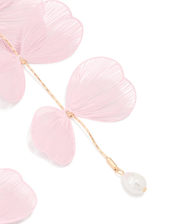 Pink Coated Metal Laser Cut Floral Drop Earrings