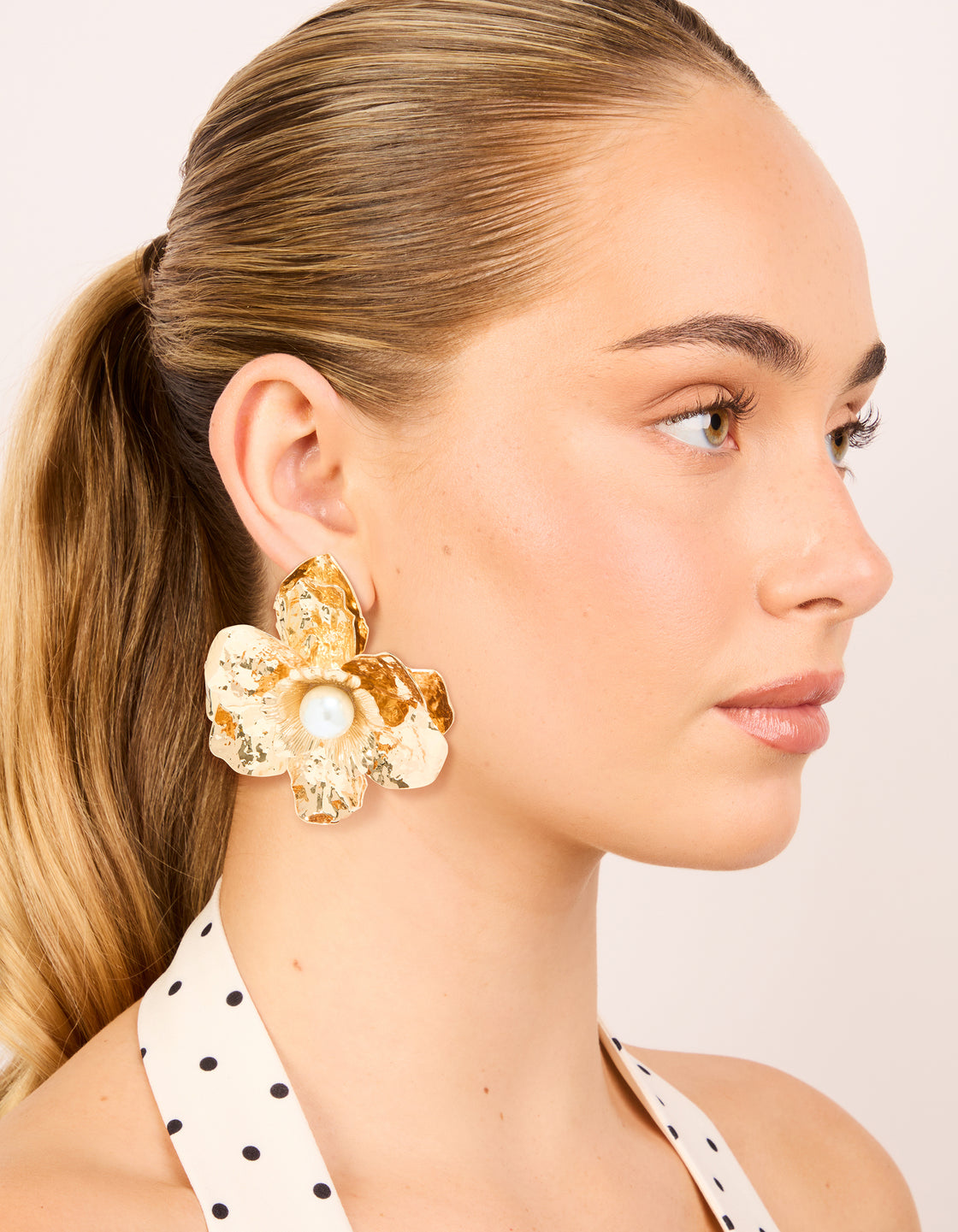 Gold Pearl Center Organic Flower Earrings
