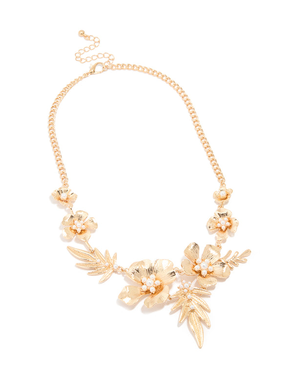 Gold Flower & Leaf Statement Necklace