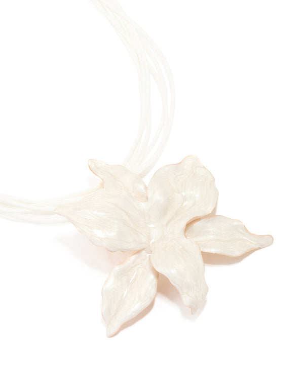Gold White Enamel Orchid Cord Necklace