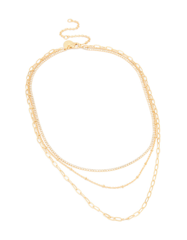 Gold Plated Diamante Cup Chain & Mixed Chain Layered Necklace
