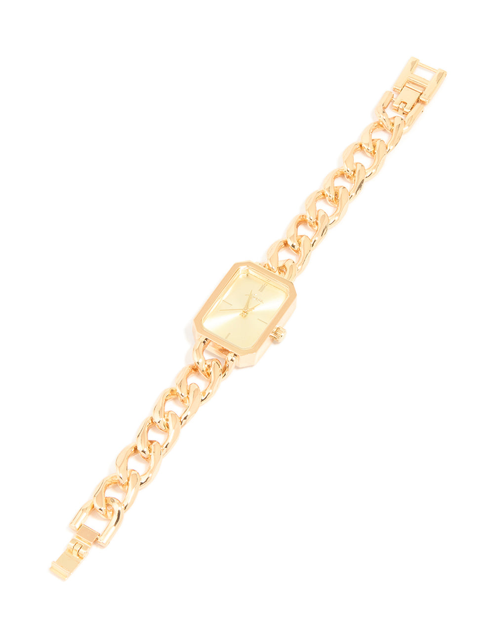 Designed with gold dial rectangle shape for women's casual wear this link band analog watch in gold front view