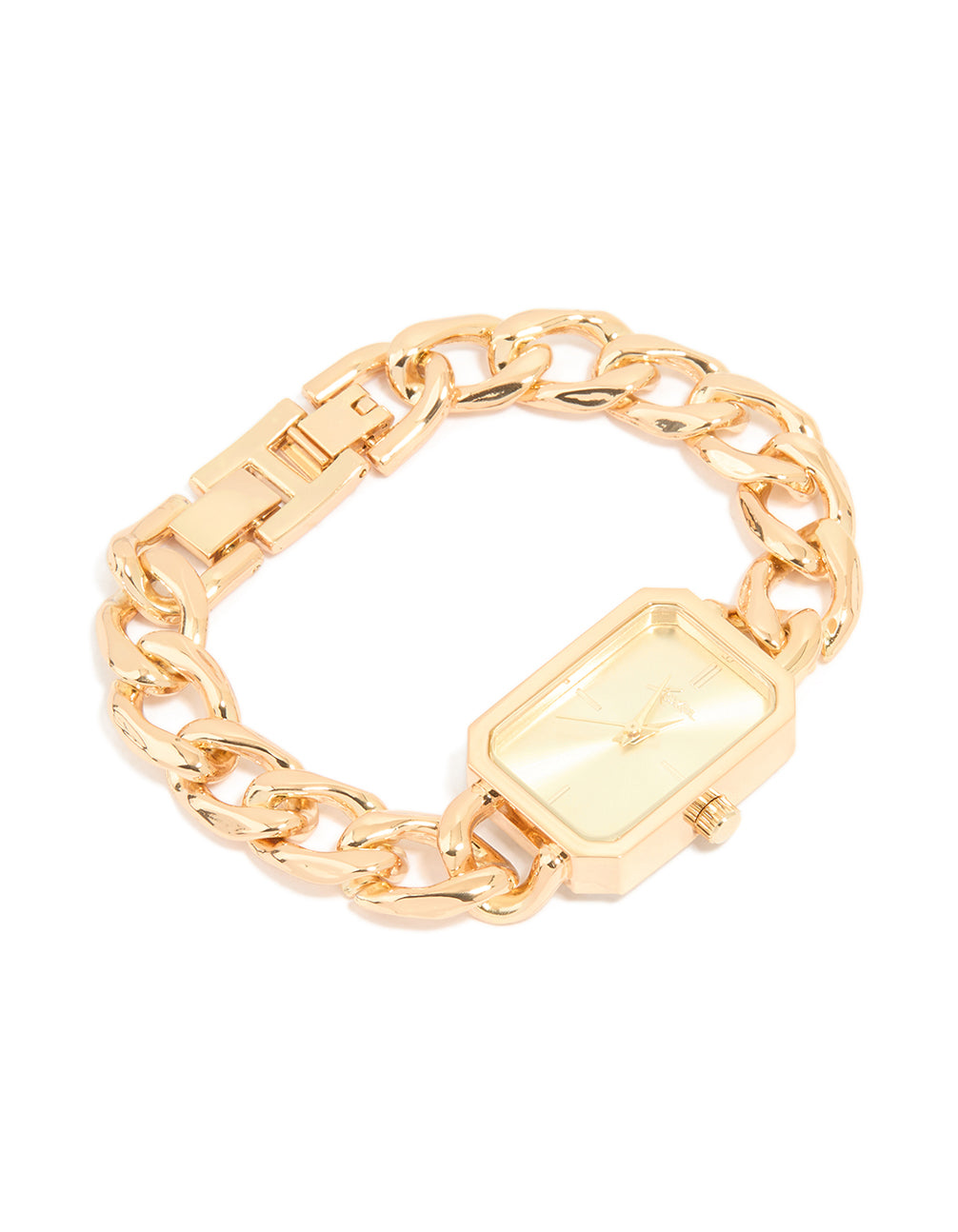 Designed with gold dial rectangle shape for women's casual wear this link band analog watch in gold front view