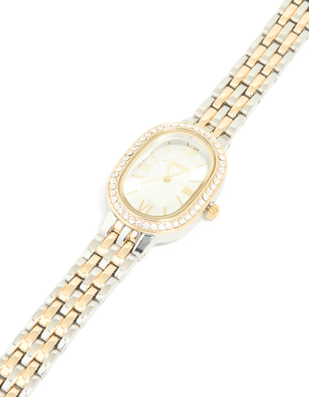 Showcasing a mixed metals diamante medium oval watch with white dial featuring roman look, multi-color link band strap, formal occasion design crafted from gold and silver for women in analog type watch face detail view