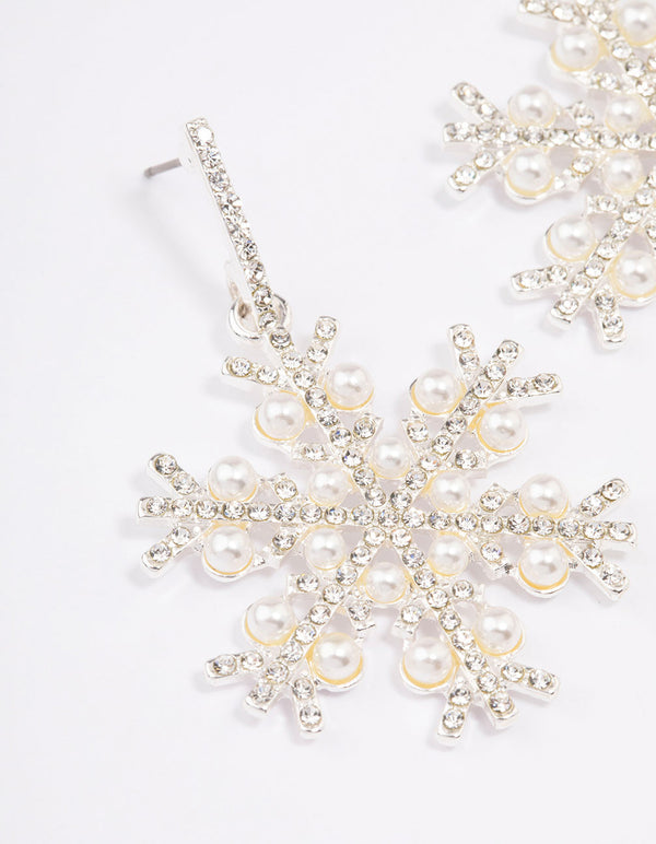 Silver Pearl Diamante Snowflake Earrings