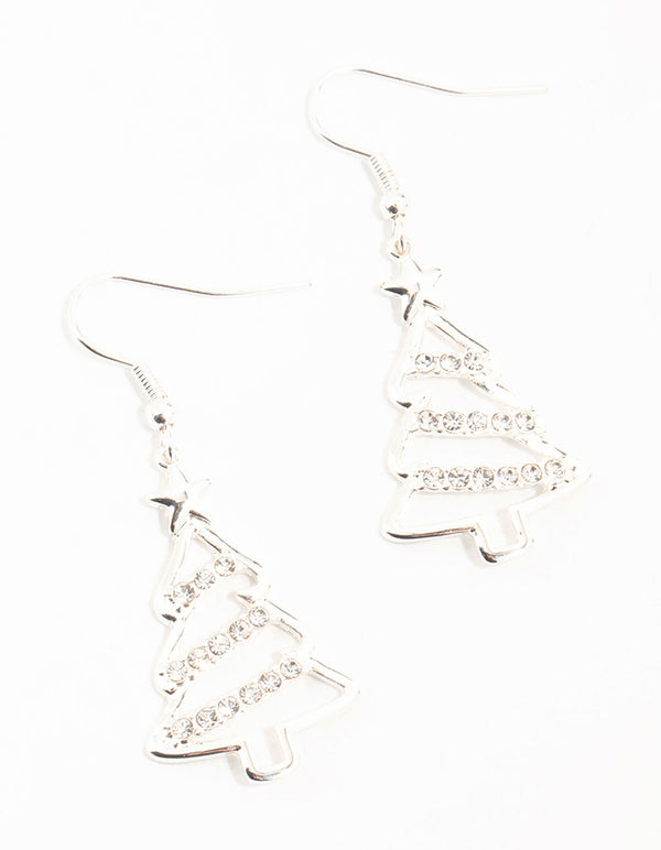 Silver Diamante Festive Tree Outline Drop Earrings