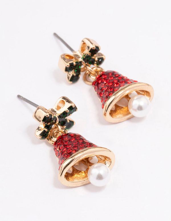 Gold Red Diamante Bell With Green Bow Earrings