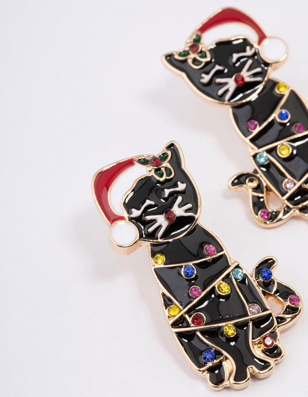 Gold Santa Hat Black Cat Earrings