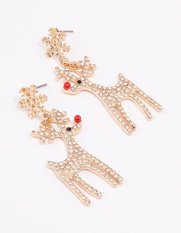 Gold Diamante Red Nosed Reindeer Drop Earrings