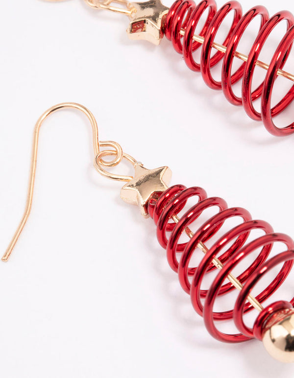 Gold Red Spiral Festive Tree Drop Earrings