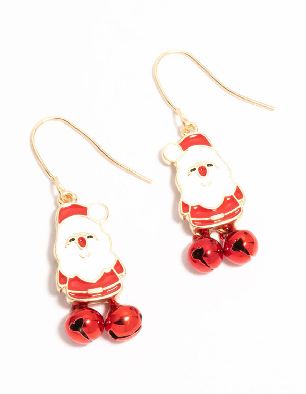Gold Santa & Red Bells Drop Earrings