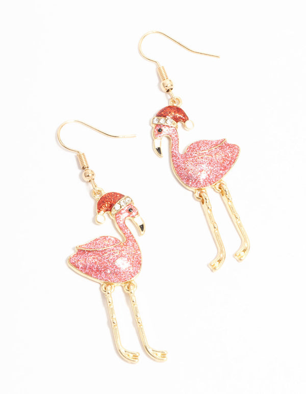 Gold Pink Glittery Enamel Flamingo With Santa Hat Earrings