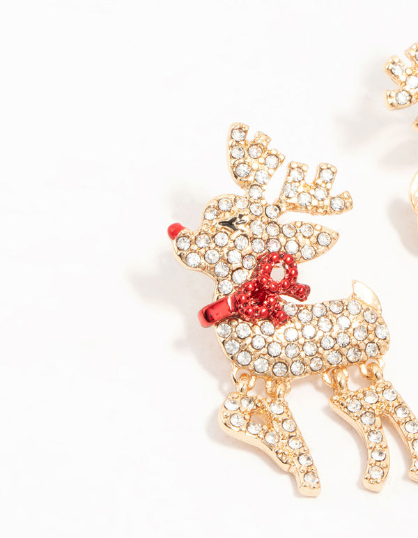 Gold Diamante Reindeer With Red Bow Earrings
