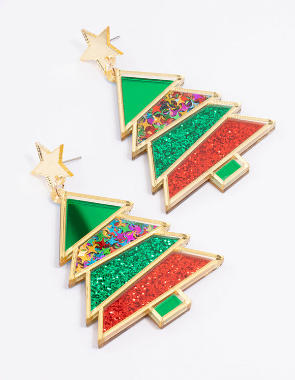 Gold Red & Green Acrylic Festive Tree With A Star Drop Earrings