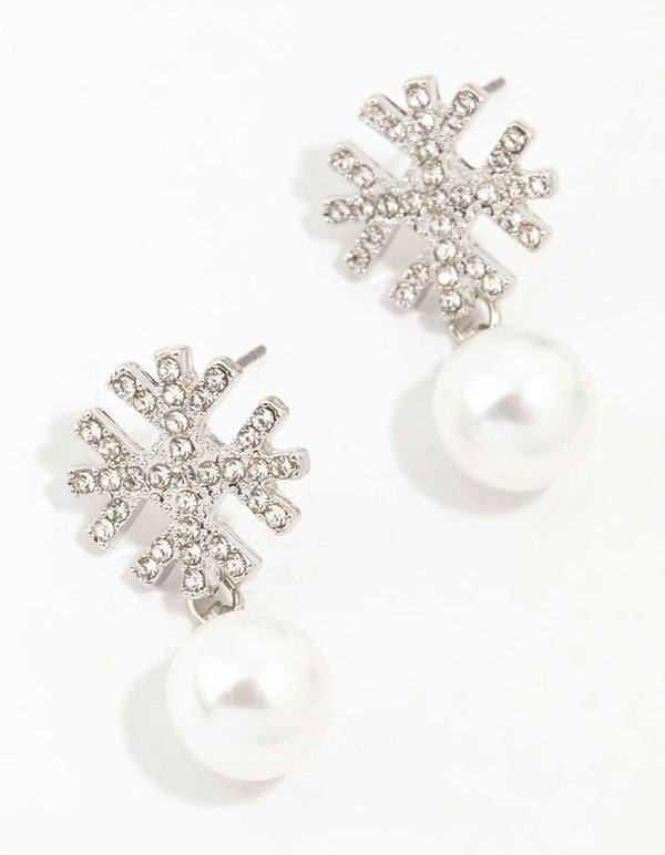 Silver Pearl & Diamante Snowflake Earrings