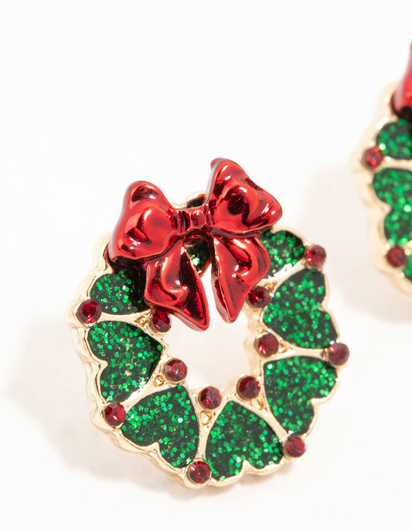 Gold Green Wreath With Red Bow Stud Earrings