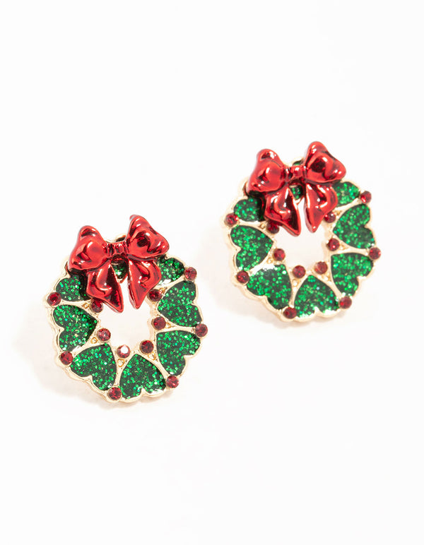 Gold Green Wreath With Red Bow Stud Earrings