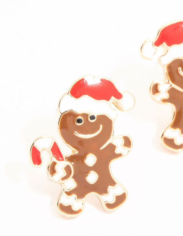 Gold Gingerbread Man With Candy Canes Stud Earrings