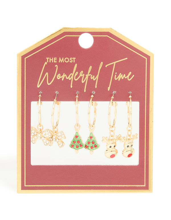 Gold Diamante Bow & Reindeer Hoop Earrings 3-Pack