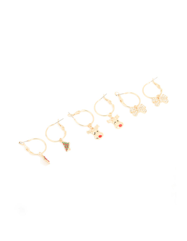Gold Diamante Bow & Reindeer Hoop Earrings 3-Pack