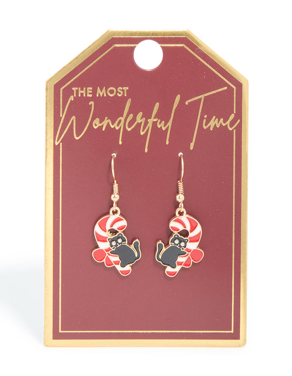 Gold Candy Cane Cat Drop Earrings