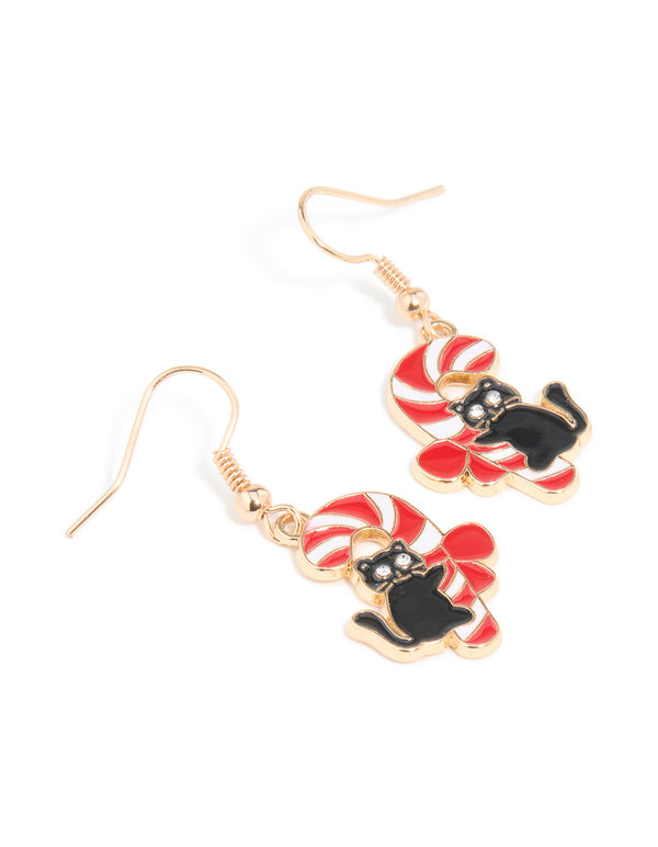 Gold Candy Cane Cat Drop Earrings