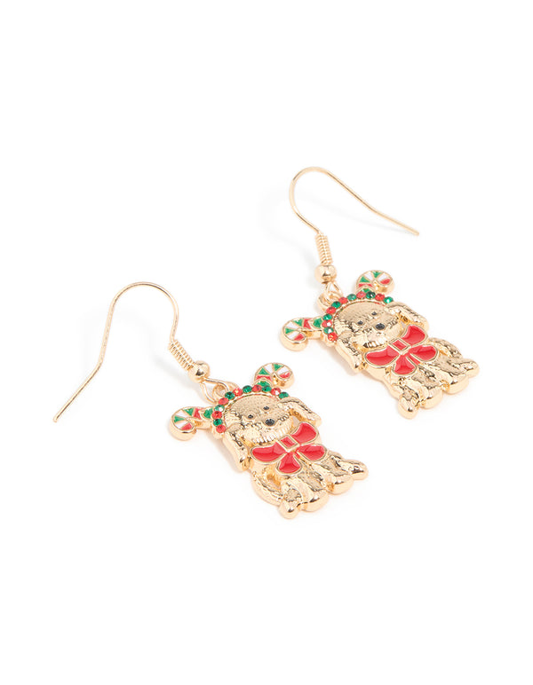 Gold Cute Festive Dog Bow Collar Drop Earrings