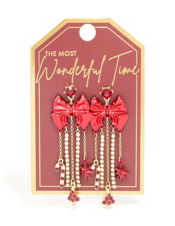 Gold Diamante Cup Chain Red Bow Drop Earrings