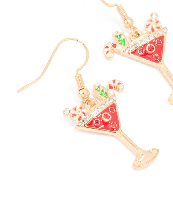 Gold Diamante Candy Cane Cocktail Drink Drop Earrings
