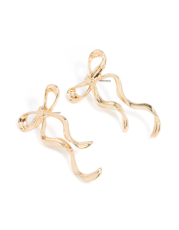 Gold Dangle Bow Stud Earrings