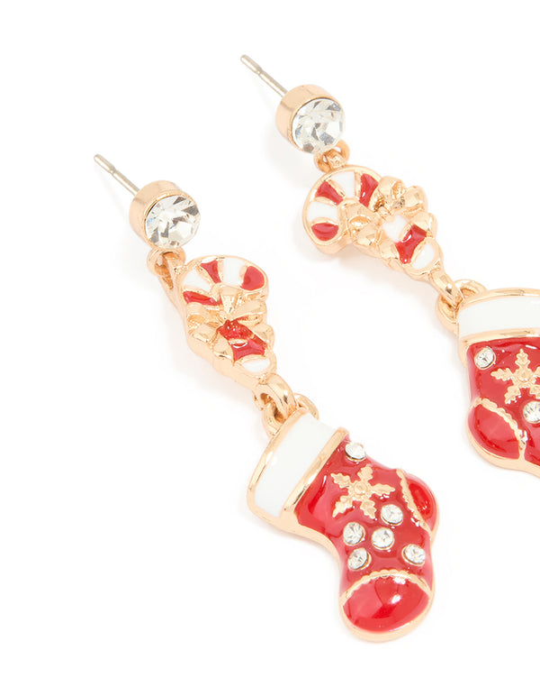 Gold Diamante Stocking & Candy Cane Drop Earrings