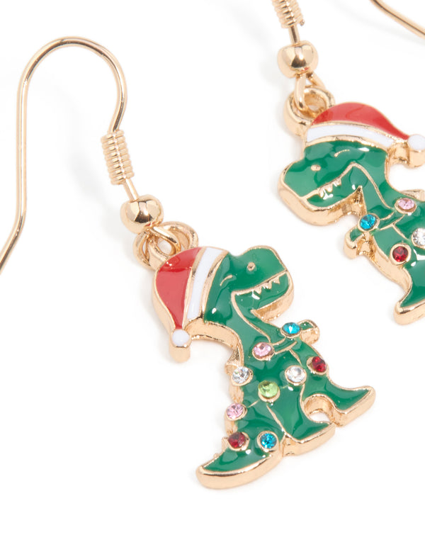 Gold Santa Hat Dinosaur With Diamante Lights Drop Earrings