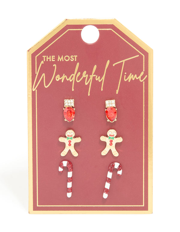 Gold Diamante Festive Light & Candy Cane Earrings 3-Pack