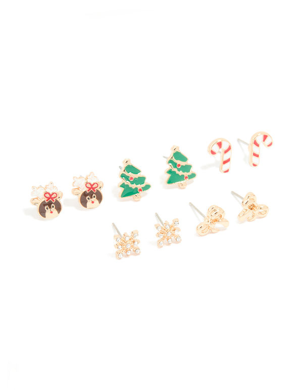 Gold Cute Reindeer & Snowflake Earrings 5-Pack