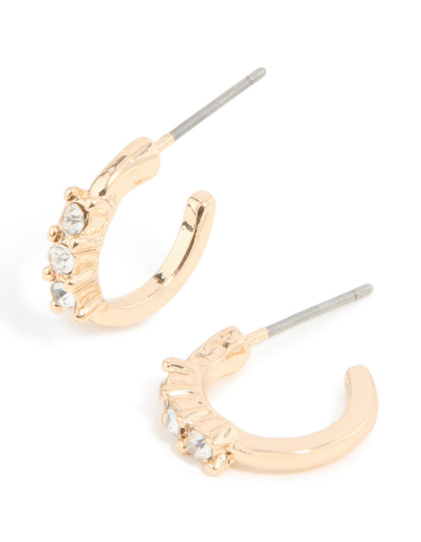 Featuring Gold Diamante Trio Huggie Earrings in a statement style front view