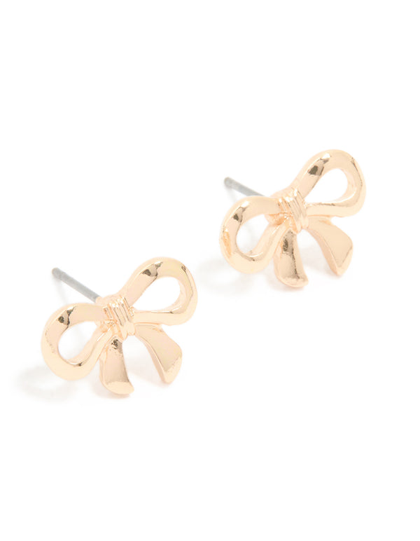 Gold Ribbon Bow Stud Earrings