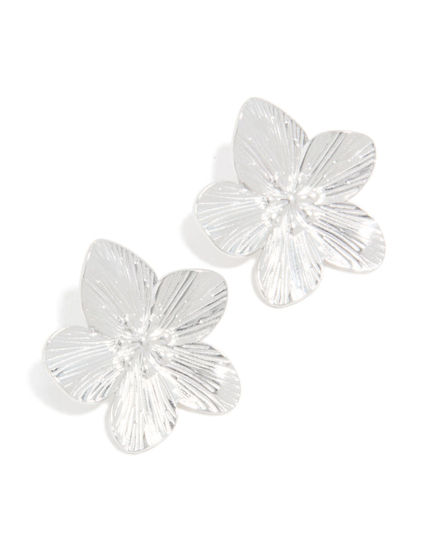 Beautifully crafted floral stud earrings featuring textured petals in waterproof stainless steel with silver finish front view