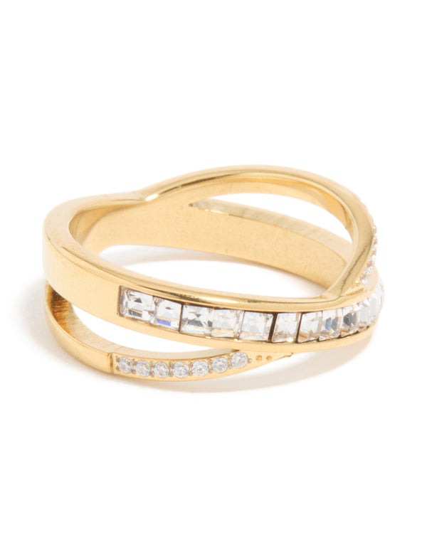 Beautifully crafted waterproof diamante crossover ring in gold plated stainless steel with clear accents front view